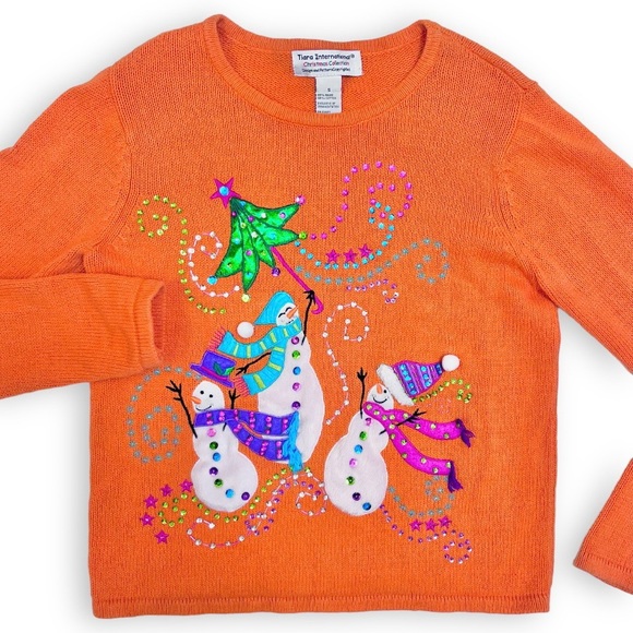 Vintage Christmas Sweater Orange Snowmen Sequins Cotton Ramie Size Small - Picture 10 of 10